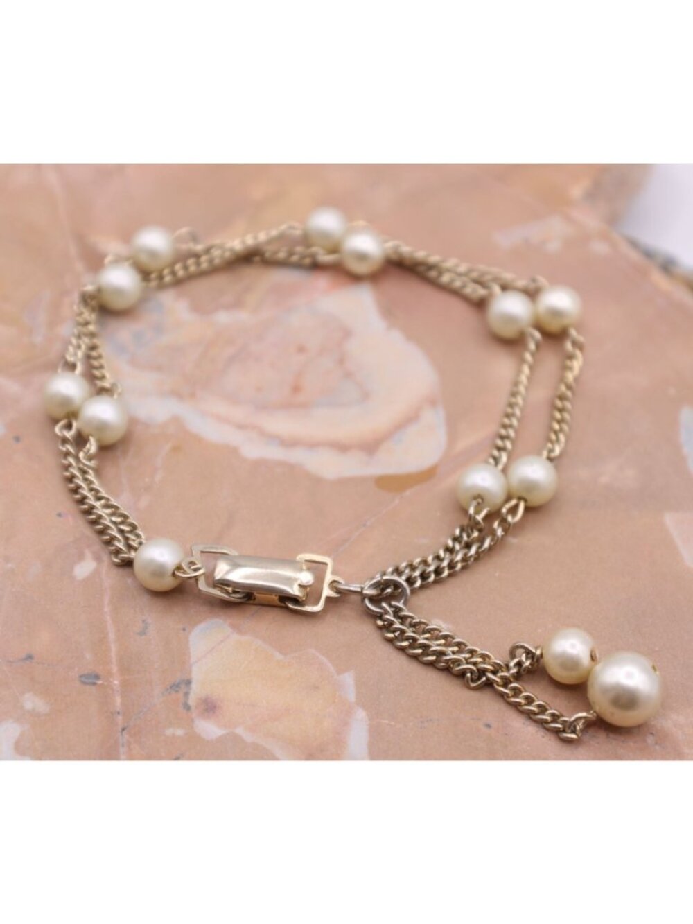 Vintage Gold Tone Double Strand Pearl Station Bracelet Faux Peals Bar Clasp Sz 7